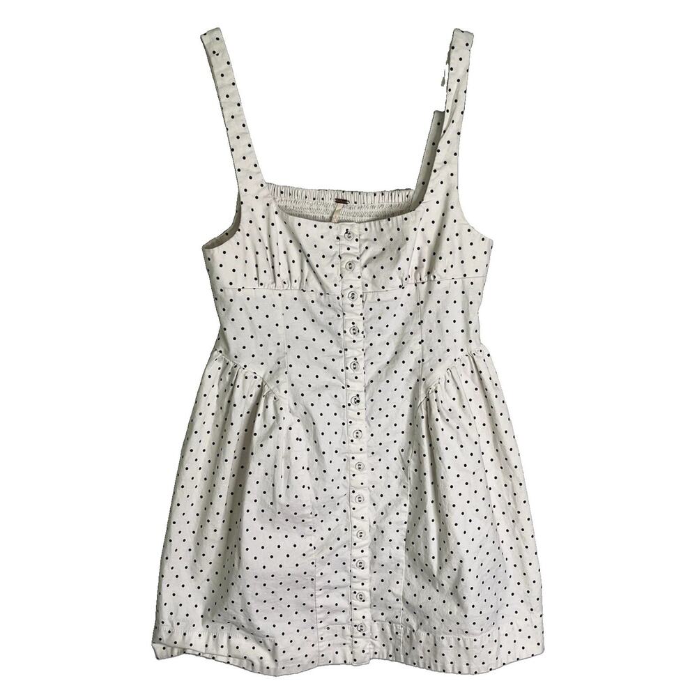 Free People Astrid Mini Dress S Polka Dot Pockets Cotton Stretch Ivory Combo - Picture 4 of 15